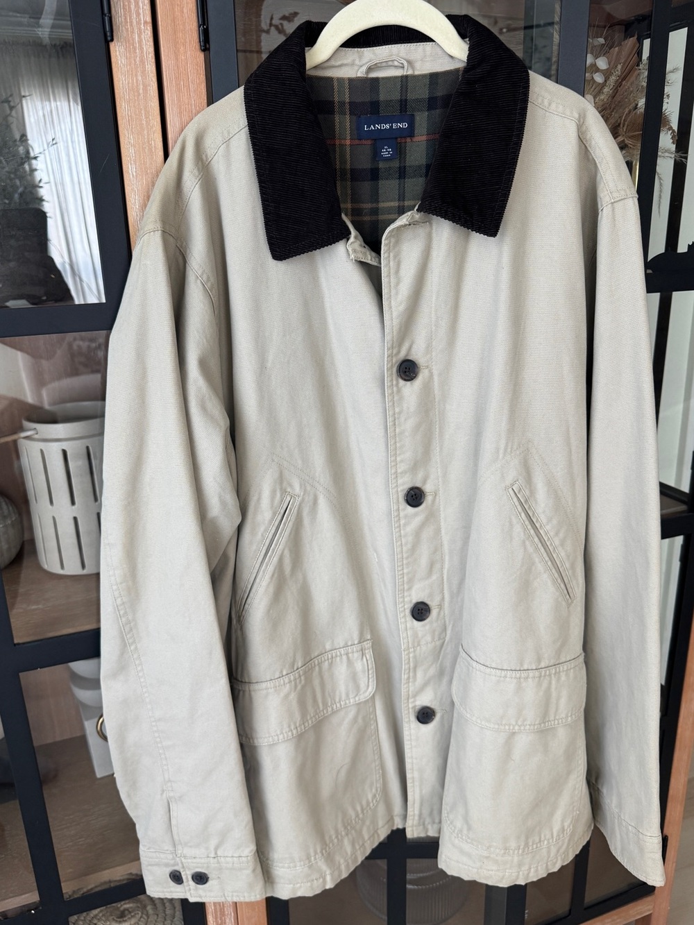 VTG Lands' End khaki barn chore jacket coat corduroy espresso contrasting cotton